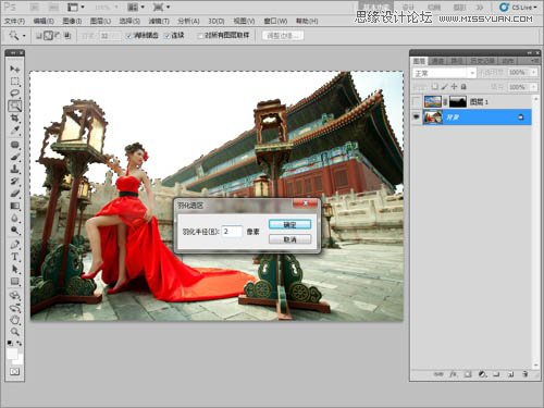 Photoshop给古建筑人像天空添加蓝天白云