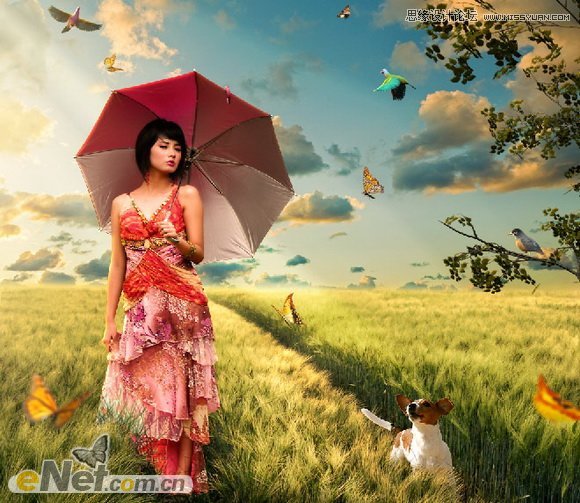 Photoshop合成稻田中美女夏日景片