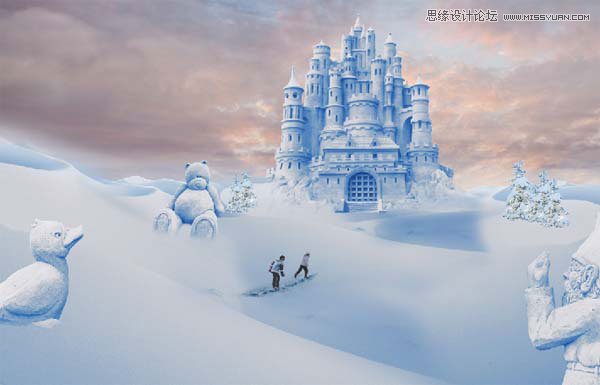 Photoshop合成冬季漂亮的的雪景城堡