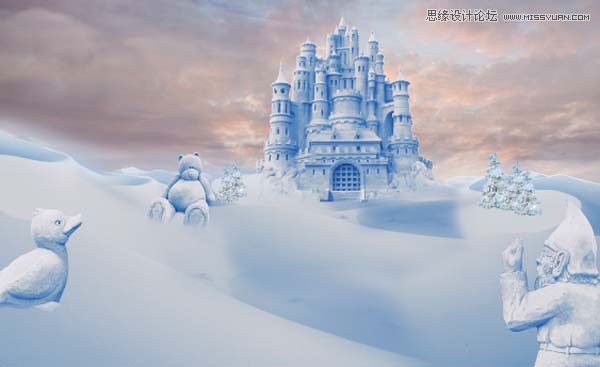 Photoshop合成冬季漂亮的的雪景城堡