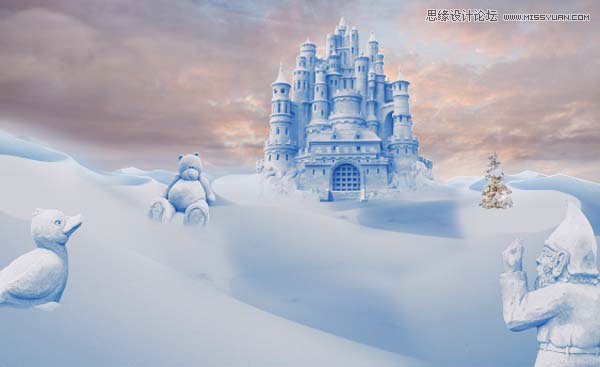 Photoshop合成冬季漂亮的的雪景城堡