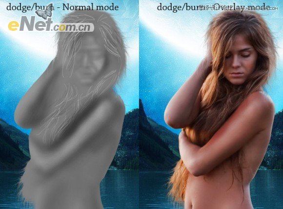 Photoshop合成蓝色风格的美女湖光夜浴场景