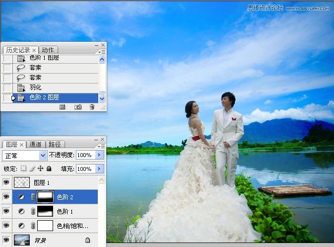 Photoshop调出湖边婚片照片唯美清新效果