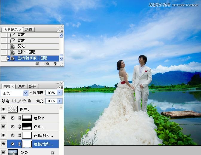 Photoshop调出湖边婚片照片唯美清新效果