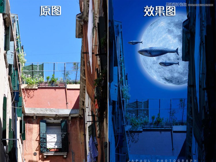 Photoshop合成科幻场景中游过的鲸鱼