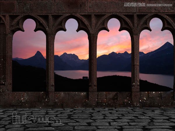 Photoshop绘制古城堡阳台夕阳景色