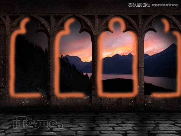 Photoshop绘制古城堡阳台夕阳景色