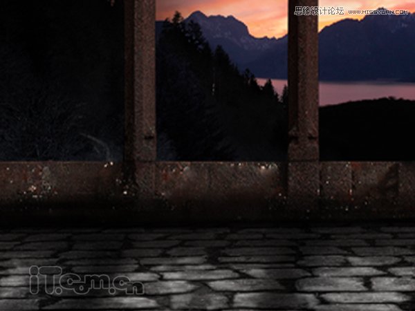 Photoshop绘制古城堡阳台夕阳景色