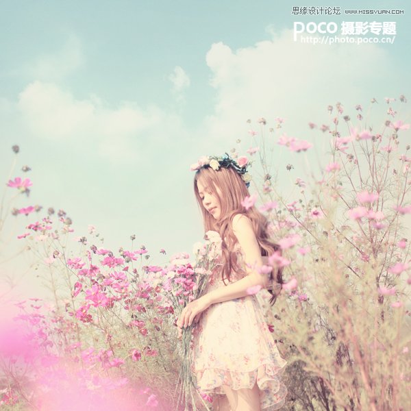Photoshop调出外景花丛MM清新甜美效果