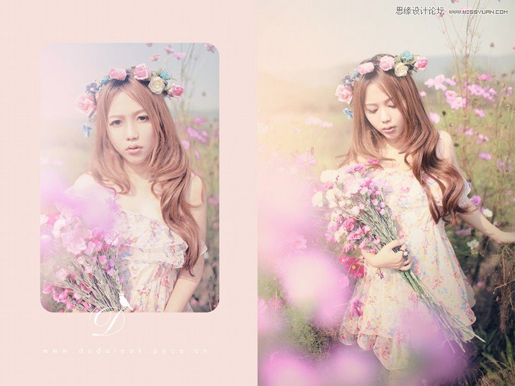 Photoshop调出外景花丛MM清新甜美效果