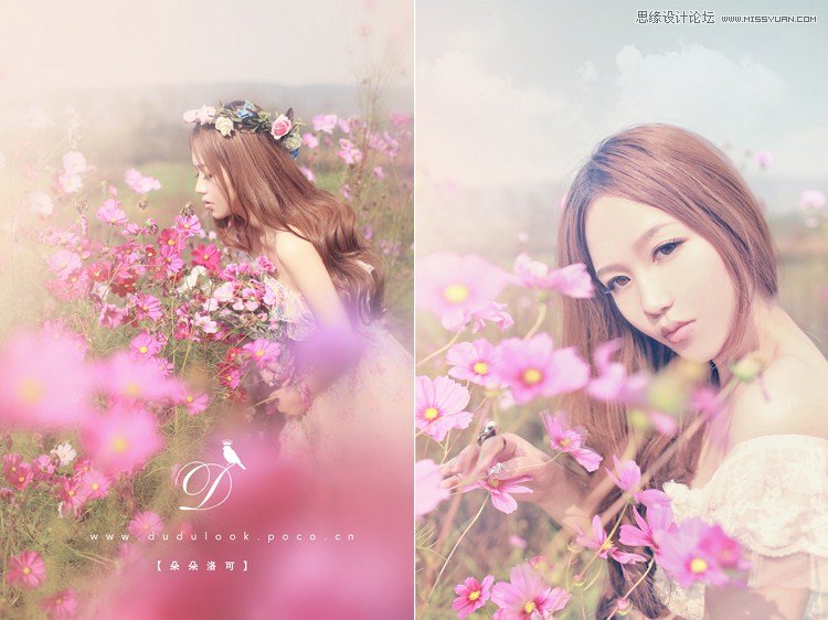 Photoshop调出外景花丛MM清新甜美效果