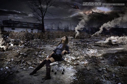 Photoshop调出做在废墟中的女孩战火颓废色彩