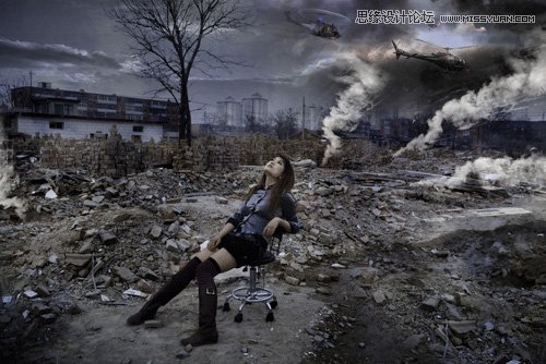 Photoshop调出做在废墟中的女孩战火颓废色彩