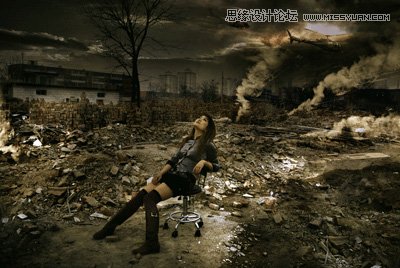 Photoshop调出做在废墟中的女孩战火颓废色彩