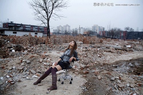 Photoshop调出做在废墟中的女孩战火颓废色彩