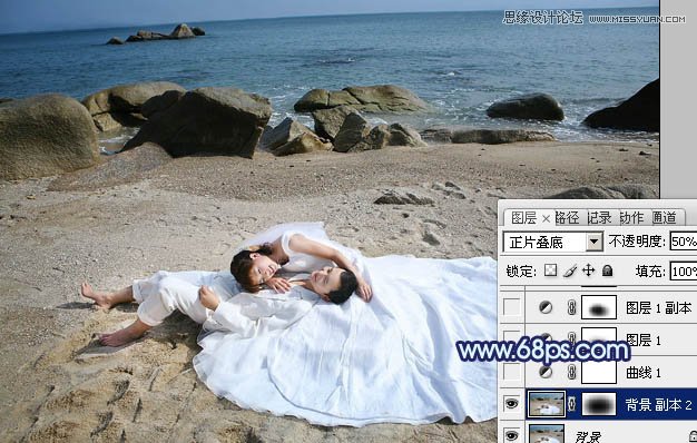 Photoshop调出紫色调海边婚纱照