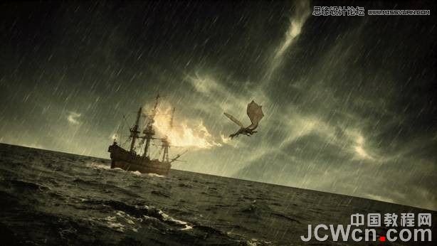 Photoshop合成雷雨交加的海面西方龙对船喷火画面
