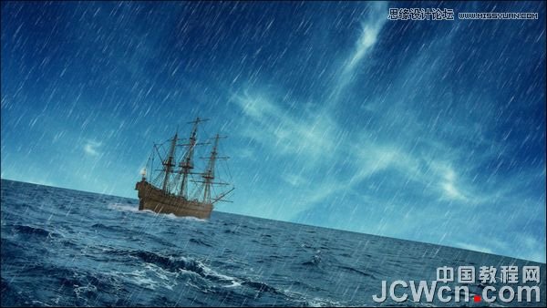 Photoshop合成雷雨交加的海面西方龙对船喷火画面