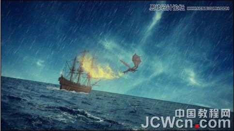 Photoshop合成雷雨交加的海面西方龙对船喷火画面