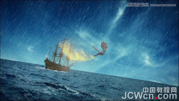 Photoshop合成雷雨交加的海面西方龙对船喷火画面