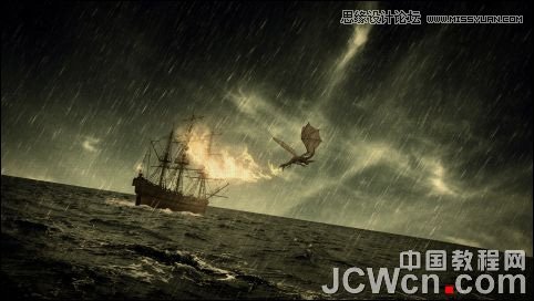 Photoshop合成雷雨交加的海面西方龙对船喷火画面