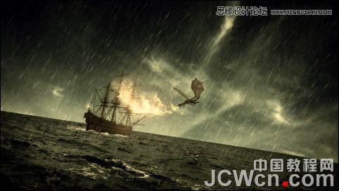 Photoshop合成雷雨交加的海面西方龙对船喷火画面