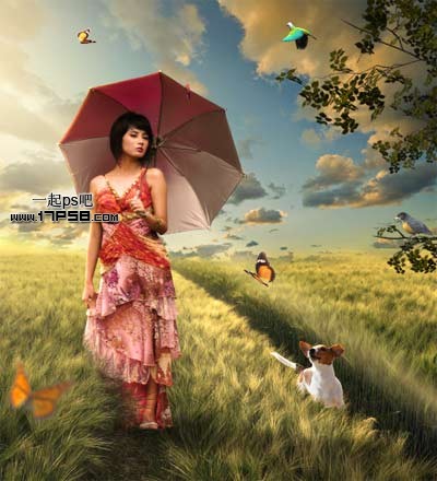 Photoshop合成夏天野外散布的美女场景