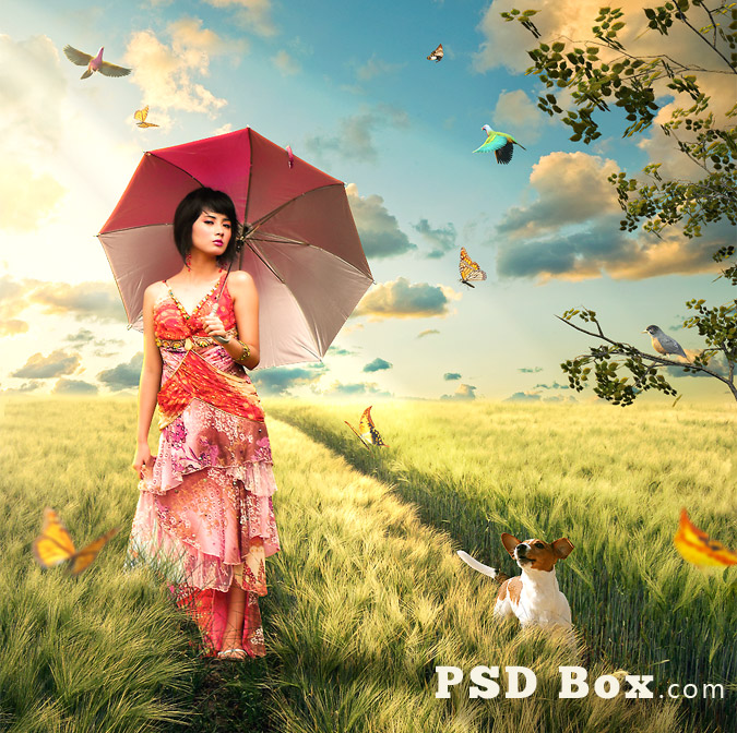 Photoshop合成夏天野外散布的美女场景