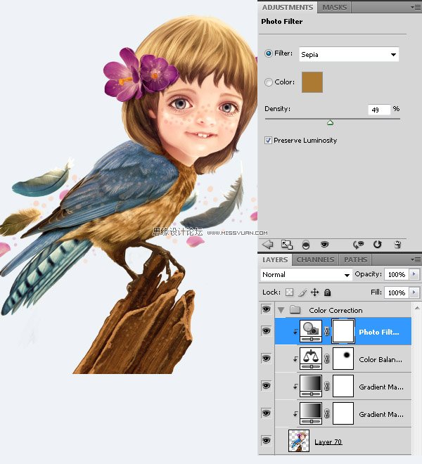 Photoshop合成教程:梦幻的小鸟女孩画像