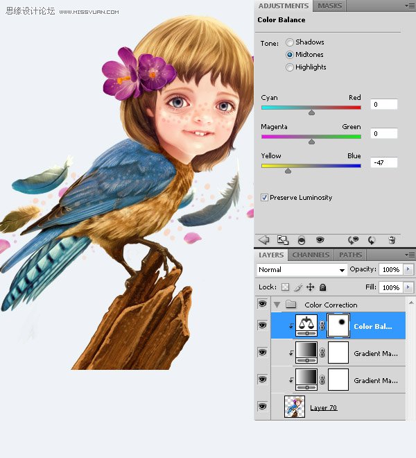 Photoshop合成教程:梦幻的小鸟女孩画像