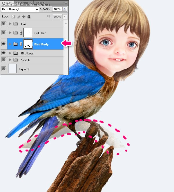 Photoshop合成教程:梦幻的小鸟女孩画像