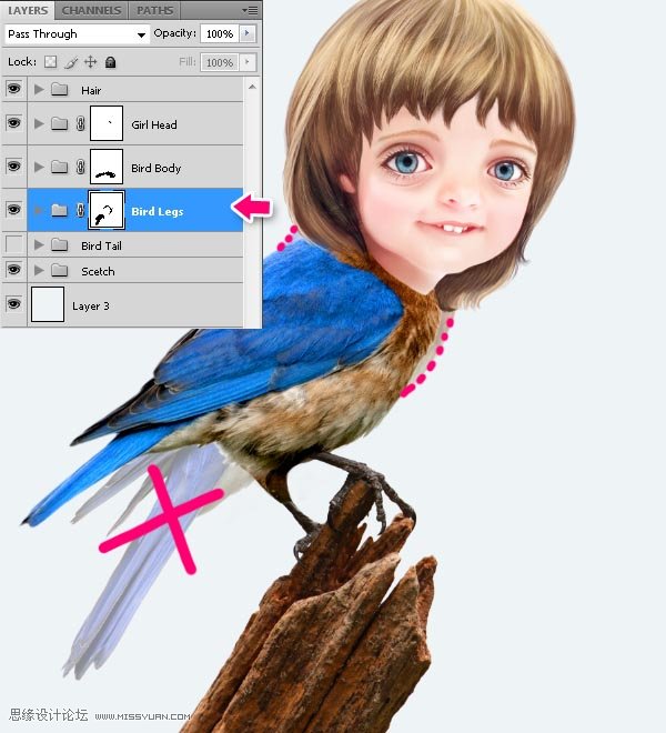 Photoshop合成教程:梦幻的小鸟女孩画像