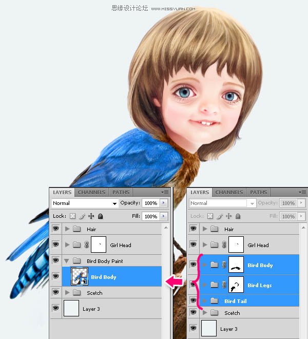 Photoshop合成教程:梦幻的小鸟女孩画像