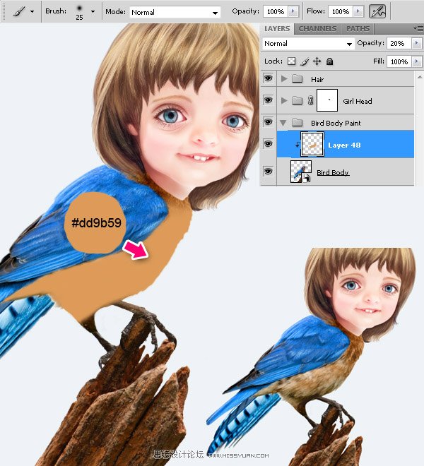 Photoshop合成教程:梦幻的小鸟女孩画像