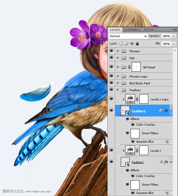 Photoshop合成教程:梦幻的小鸟女孩画像