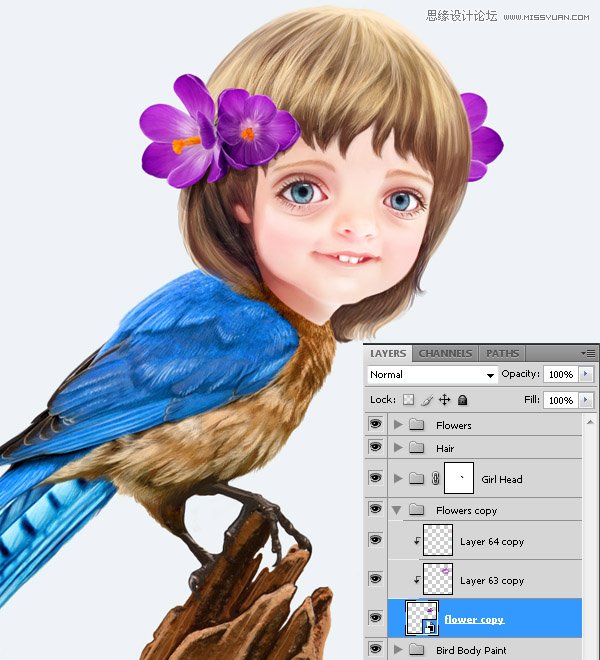 Photoshop合成教程:梦幻的小鸟女孩画像