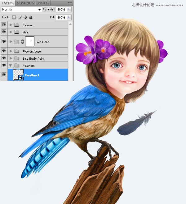 Photoshop合成教程:梦幻的小鸟女孩画像